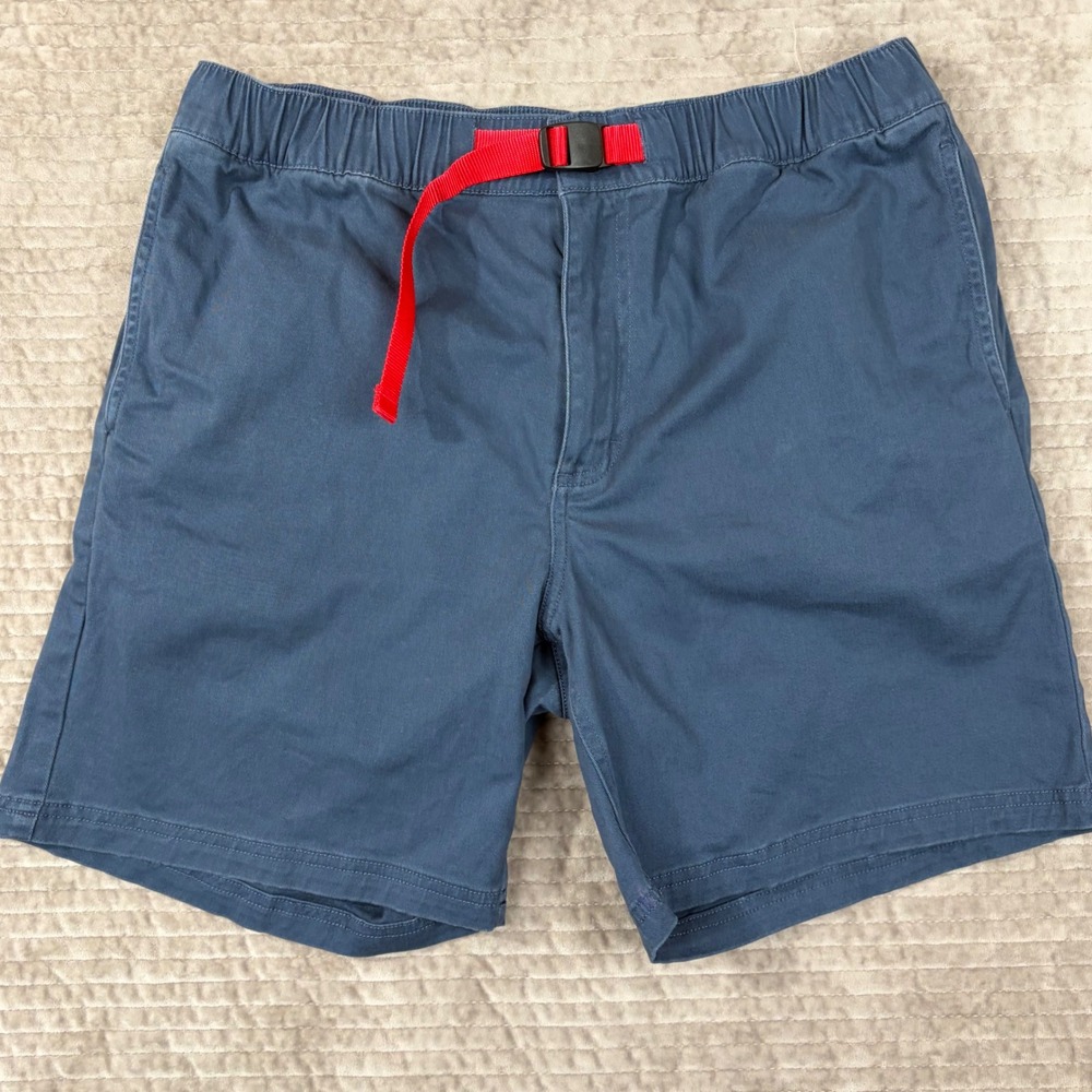 Topo Designs Mens Dirt Shorts Navy Blue Organic Cotton Belted Hiking Size Large